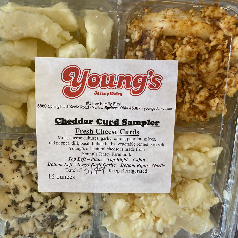 Cheddar Curd Sampler (Plain, Sweet Basil, Cajun, Garlic)